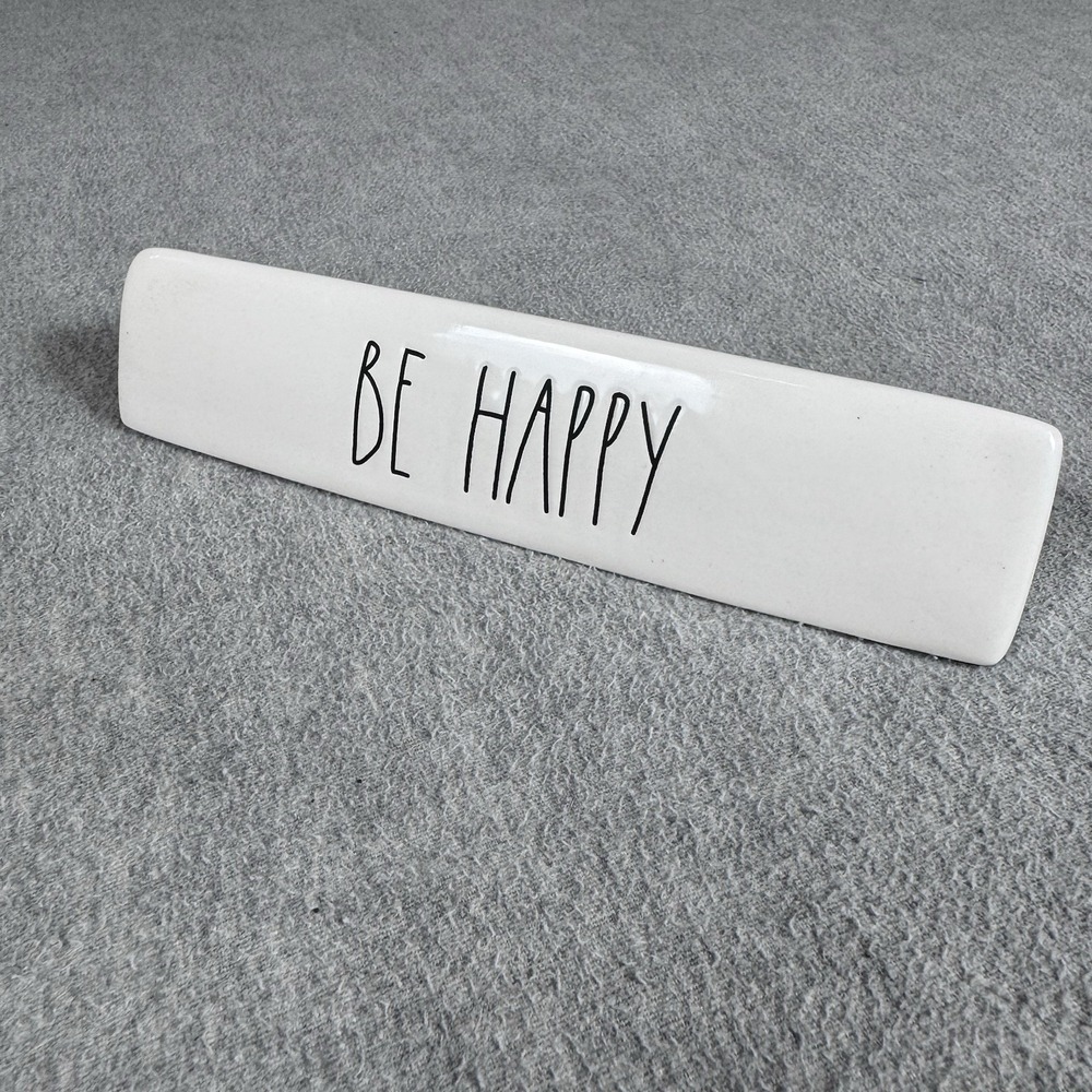 Rae Dunn Artisan Collection BE HAPPY Ceramic Desk Sign Ivory Magenta 8.5 Inch